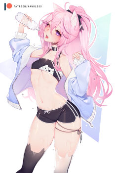 1girl animal_ear_fluff animal_ear_legwear animal_ears artist_name asymmetrical_legwear black_bow black_choker black_legwear black_shorts black_tube_top blush bottle bow breasts cat_ear_legwear cat_ear_thighhighs cat_ears cat_girl cat_thighhighs choker contrapposto hair_between_eyes hair_bow holding holding_bottle jacket long_hair looking_at_viewer nanoless navel nyatasha_nyanners nyatasha_nyanners_(1st_costume) one_eye_closed open_clothes open_jacket open_mouth pink_hair ponytail purple_eyes short_shorts shorts small_breasts solo sports_bra stomach strapless string thighs tube_top underboob uneven_legwear very_long_hair virtual_youtuber vshojo water water_bottle wet white_legwear