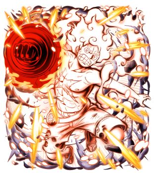 1boy abs attack aura bodskih clenched_teeth cloud_hair explosion full_body gear_fifth glowing haki_(one_piece) injury jumping monkey_d._luffy muscular non-web_source official_art one_piece one_piece_film:_red one_piece_treasure_cruise open_mouth outdoors punching sandals scar scar_on_chest short_hair shorts solo teeth transparent_background white_hair