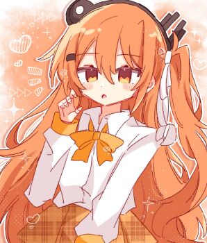 1girl a.i._voice adachi_rei alternate_costume alternate_hair_length alternate_hairstyle bow bowtie ganbaritaina_07 hand_up highres long_hair long_sleeves looking_at_viewer orange_bow orange_bowtie orange_eyes orange_hair orange_skirt plaid_clothes plaid_skirt shirt skirt solo upper_body utau very_long_hair white_shirt