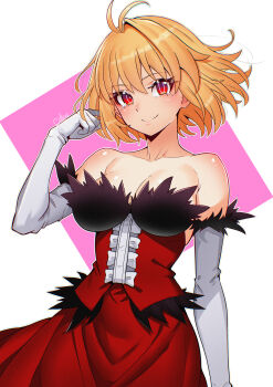1girl absurdres arcueid_brunestud bare_shoulders blonde_hair breasts collarbone cosplay dress elbow_gloves eyelashes fukou gloves highres kiss-shot_acerola-orion_heart-under-blade kiss-shot_acerola-orion_heart-under-blade_(cosplay) kizumonogatari large_breasts monogatari_(series) oshino_shinobu red_dress red_eyes short_hair simple_background smile solo strapless strapless_dress tsukihime white_background white_gloves