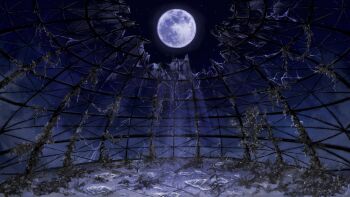 abandoned absurdres broken_glass commentary_request dome full_moon glass highres moon night night_sky no_humans original overgrown port_(portzzz) ruins scenery sky star_(sky) starry_sky