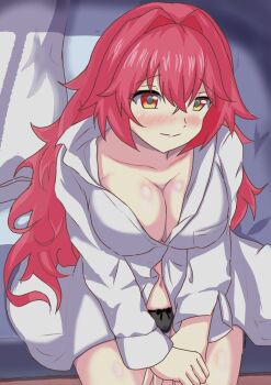1girl bed black_panties blanket blush breasts commentary_request hair_between_eyes highres indoors kantai_collection large_breasts long_hair looking_at_viewer panties phoenix_(kancolle) red_eyes red_hair ribo=masu shirt sitting smile solo underwear white_shirt