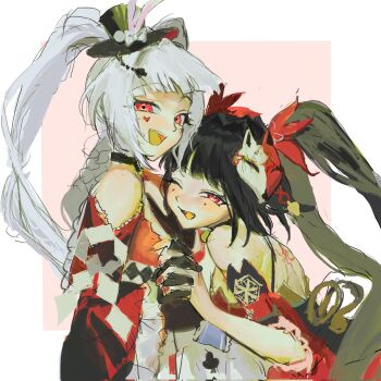 1nuwfisdfn52516 2girls back_tattoo bare_shoulders black_hair black_hat dress dual_persona facial_mark hair_ornament hat heart heart_facial_mark highres holding honkai:_star_rail honkai_(series) looking_at_viewer multiple_girls one_eye_closed open_mouth red_dress red_eyes simple_background sparkle_(honkai:_star_rail) sparxie_(honkai:_star_rail) tattoo twintails white_hair