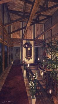 bookshelf clock commentary_request door flower grandfather_clock hanging_light highres indoors no_humans original pendulum_clock pink_flower plant railing scenery signature stairs twilight vase waisshu_(sougyokyuu) white_flower wooden_ceiling yellow_flower