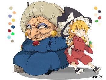 Rule 34 | 2girls, big nose, black hat, black shoes, blonde hair, blue dress, blue eyeshadow, blush stickers, bow, broom, closed eyes, color guide, commentary request, cosplay, crossover, dress, earrings, eyeshadow, full body, gem, gold earrings, green bow, grey eyes, grey hair, grin, hair bow, hat, hat bow, highres, holding, holding broom, jewelry, kirisame marisa, long hair, long sleeves, looking at another, makeup, multiple girls, ogino chihiro, ogino chihiro (cosplay), old, old woman, pants, piaki, red gemstone, red pants, sen to chihiro no kamikakushi, shoes, simple background, smile, socks, standing, tasuki, touhou, updo, wart, white background, white bow, white socks, wide sleeves, witch, wrinkled skin, yubaba