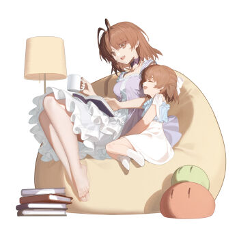 2girls :d antenna_hair barefoot book book_stack bow bowtie breasts brown_eyes brown_hair child chinese_commentary choker clannad collarbone commentary_request cup dango_daikazoku dress eyes_visible_through_hair feet frilled_dress frills from_side full_body furukawa_nagisa hair_between_eyes hair_bow half_updo happy highres holding holding_cup knees_up lamp looking_at_another medium_breasts medium_hair mother_and_daughter multiple_girls newflame no_shoes okazaki_ushio open_book open_mouth profile purple_bow purple_bowtie purple_choker purple_dress side-by-side simple_background sitting sleeveless sleeveless_dress smile socks stuffed_toy teeth toes two-tone_dress upper_teeth_only white_background white_bow white_dress white_socks yokozuwari |_|