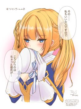 Rule 34 | 1girl, blonde hair, blue capelet, blue eyes, blush, braid, breasts, capelet, cleavage, commentary request, dress, gloves, hat, highres, holding, holding unworn clothes, holding unworn hat, large breasts, long hair, pillbox hat, ragnarok masters, ragnarok online, saint (ragnarok masters), sakuraji tomoka, simple background, solo, translation request, twintails, twintails with braided base, unworn hat, unworn headwear, upper body, white background, white dress, white gloves, white hat