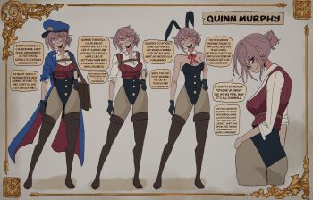 Rule 34 | 1girl, absurdres, basedbinkie, black gloves, black leotard, blouse, blue coat, blue hat, boots, breasts, brown boots, buttons, character name, cleavage, coat, detached collar, english text, glasses, gloves, grey hair, grey pantyhose, hat, highres, leotard, leotard under clothes, mole, multiple views, original, pantyhose, peaked cap, playboy bunny, quinn murphy (basedbinkie), red ribbon, red sweater vest, reference sheet, ribbon, round eyewear, shirt, speech bubble, sweater vest, thigh boots, white shirt, wing collar