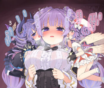 3girls angel angel_and_devil angel_wings angello_vaalmonica black_bow black_corset black_dress black_thighhighs blue_eyes bow braid breasts chibi commentary_request corset covered_erect_nipples demon_girl demon_horns demon_wings dimonno_vaalmonica double_bun dress duel_monster embarrassed frilled_dress frills hair_bun hat heart heart-shaped_pupils highres homura_subaru horns large_breasts licking licking_another's_face long_hair long_sleeves looking_at_another multiple_girls open_mouth orange_eyes pink_hair purple_eyes purple_hair see-through_clothes see-through_dress selettrice_vaalmonica speech_bubble symbol-shaped_pupils thighhighs thighs tongue tongue_out translation_request twin_braids very_long_hair wet wet_clothes wet_dress white_dress wings yu-gi-oh!