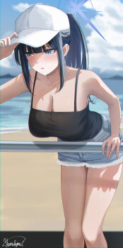 1girl absurdres bare_shoulders baseball_cap beach black_camisole black_hair blue_archive blue_eyes blue_hair blue_sky blush breasts camisole cleavage colored_inner_hair cutoffs grey_shorts halo hat highres large_breasts leaning_forward long_hair looking_to_the_side multicolored_hair ponytail saori_(blue_archive) saori_(swimsuit)_(blue_archive) short_shorts shorts sidelocks sky solo thighs white_hat yamikyon