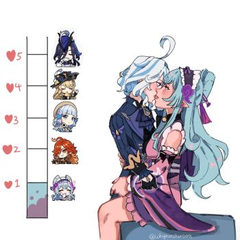 6+girls ahoge aiming aiming_at_viewer ayaka_(genshin_impact) bakeryowl black_gloves blonde_hair blue_hair blue_hat blue_streaks clorinde_(genshin_impact) closed_eyes commentary cup detached_sleeves earrings english_commentary french_kiss furina_(genshin_impact) genshin_impact gloves grey_eyes gun hat hat_feather headdress heart highres holding holding_cup holding_gun holding_weapon japanese_clothes jewelry kimono kiss kiss_meter_(meme) mavuika_(genshin_impact) meme multiple_girls navia_(genshin_impact) open_mouth pink_kimono pointy_ears purple_hair red_eyes red_hair simple_background smile teacup tongue tongue_out weapon white_background white_gloves yumemizuki_mizuki yuri