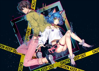 Rule 34 | 2boys, ahoge, animal ear fluff, animal ears, ankle socks, arms at sides, ass, back-to-back, bare legs, bare shoulders, bell, belt, black-framed eyewear, black background, black belt, black hair, black shoes, black skirt, blue hair, braid, cat boy, cat ears, caution tape, chain, character request, choker, closed mouth, collarbone, collared jacket, colored shoe soles, commentary, crossdressing, crossdressing (mtf), double-parted bangs, english commentary, fishnet top, fishnets, frilled skirt, frilled socks, frills, full body, glasses, glitch, green eyes, green jacket, hair between eyes, hands in pockets, heart, high heels, highres, invisible chair, jacket, jingle bell, jumping, knees together feet apart, knees up, light particles, long sleeves, looking at viewer, looking back, microskirt, midriff, multicolored shoes, multiple boys, neck bell, no panties, no socks, off-shoulder shirt, off shoulder, open clothes, open jacket, open mouth, pants, pink eyes, pink pants, pink skirt, puffy long sleeves, puffy sleeves, red choker, ribbed socks, ryoune yami, shirt, shoes, short hair, simple background, single braid, sitting, skirt, smile, socks, sparkle, star (symbol), tank top, teeth, thigh strap, trap, two-sided fabric, two-sided skirt, two-tone shoes, ultracat, upper teeth only, utau, v-shaped eyebrows, very short hair, white shirt, white shoes, white socks