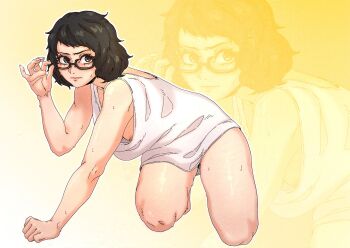 1girl absurdres adjusting_eyewear all_fours alternate_costume black-framed_eyewear black_eyes black_hair chuckuddin closed_mouth commentary female_pubic_hair full_body glasses highres kawakami_sadayo looking_at_viewer medium_hair nipples paid_reward_available persona persona_5 pubic_hair pubic_hair_peek shirt solo t-shirt thighs white_shirt zoom_layer