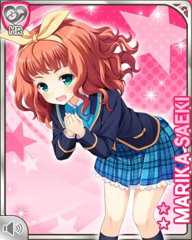 1girl blue_bow blue_jacket bow button character_name chocolate curly_hair food girlfriend_(kari) green_eyes hair_bow hand_on_chest heart holding_hands jacket looking_at_object medium_hair official_art open_mouth pink_background plaid_clothes plaid_skirt qp:flapper red_hair ribbon saeki_marika school_uniform shirt skirt valentine white_shirt yellow_ribbon