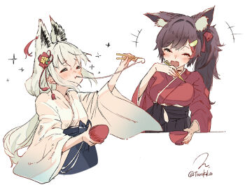 Rule 34 | 2girls, ahoge, animal ear fluff, animal ears, black hair, braid, commentary request, fox ears, fox girl, hair ornament, hololive, japanese clothes, kimono, long hair, looking at viewer, multicolored hair, multiple girls, ookami mio, ookami mio (new year), shirakami fubuki, shirakami fubuki (new year), streaked hair, torokko, virtual youtuber, white hair, wolf ears, wolf girl
