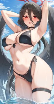 1girl :d absurdres arms_up bikini black_bikini black_choker black_hair black_wings blue_archive blue_sky breasts choker cloud day halo hasumi_(blue_archive) hasumi_(swimsuit)_(blue_archive) hayasi_iru highres large_breasts mole mole_under_eye navel open_mouth outdoors oversized_wings red_eyes red_halo sky smile solo stomach swimsuit thigh_strap wet wings