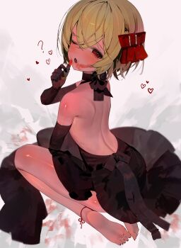 1girl ? absurdres alternate_costume applying_lipstick applying_makeup backless_dress backless_outfit barefoot black_dress blonde_hair commentary dress heart highres lipstick looking_at_viewer makeup one_eye_closed red_eyes revision rumia short_hair sitting smeared_lipstick soles solo touhou ya_yuan