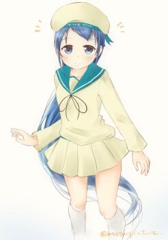 Rule 34 | 1girl, alternate costume, artist name, beret, black ribbon, blue eyes, blue hair, commentary request, cosplay, error musume, error musume (cosplay), female focus, hat, kantai collection, long hair, long sleeves, looking at viewer, mae (maesanpicture), notice lines, ribbon, sailor collar, samidare (kancolle), school uniform, serafuku, shirt, shoshinsha mark, simple background, skirt, socks, solo, swept bangs, very long hair, white background, white serafuku, white shirt, white skirt