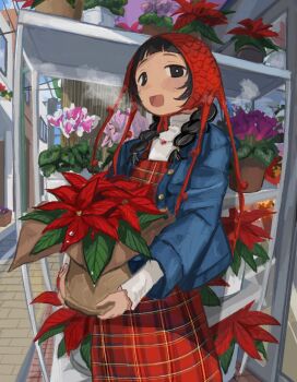 1girl amamoto_air black_eyes black_hair blue_jacket blue_sky braid breath building commentary day dress flower flower_pot hat highres holding holding_flower_pot jacket jewelry leaf long_hair long_sleeves looking_at_viewer necklace open_clothes open_jacket open_mouth original outdoors pink_flower plaid_clothes plaid_dress plant poinsettia purple_flower red_dress red_flower red_hat sky solo sweater turtleneck turtleneck_sweater twin_braids white_sweater