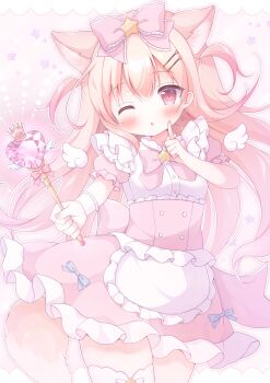 1girl ;o animal_ears apron blonde_hair blush bow bowtie brooch commentary_request cowboy_shot fox_ears fox_girl fox_tail frilled_apron frilled_bow frilled_skirt frills hair_bow hair_ornament hanasakichu hand_up highres holding holding_wand index_finger_raised jewelry long_hair looking_at_viewer mini_wings momose_nina one_eye_closed open_mouth pink_bow pink_bowtie pink_skirt project_nebula red_eyes shirt short_sleeves skirt solo star_(symbol) star_brooch star_hair_ornament tail thighhighs two_side_up virtual_youtuber waist_apron wand white_apron white_shirt white_thighhighs wings wrist_cuffs