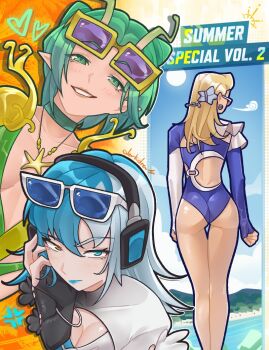 3girls ass back blonde_hair blue_eyes blue_hair blush bodysuit breasts cleavage derkdrew124 earrings fantastic_four gloves guardians_of_the_galaxy heterochromia jewelry large_breasts long_hair looking_at_viewer luna_snow luna_snow_(cool_summer) mantis_(marvel) mantis_(oceanic_harmony)_(marvel) marvel marvel_rivals multicolored_hair multiple_girls official_alternate_costume one-piece_swimsuit smile split-color_hair sue_storm sue_storm_(azure_shade) sunglasses swimsuit two-tone_hair white_hair yuri