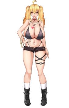 Rule 34 | 1girl, absurdres, ahoge, bare shoulders, bikini, black bikini, black boots, blonde hair, blush, boots, breast tattoo, breasts, brown shorts, cleavage, collar, collarbone, commentary request, full body, gyaru, hair ornament, haks, heart, heart hair ornament, heart ring strap, heart tattoo, highres, huge breasts, jewelry, kirome (kamipaper), long hair, looking at viewer, micro shorts, midriff, navel, navel piercing, necklace, o-ring, o-ring bikini, off shoulder, open fly, open mouth, piercing, saaya (kirome), shirt, short sleeves, shorts, simple background, smile, solo, swimsuit, tattoo, tied shirt, twintails, virtual youtuber, white background