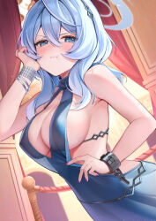 Rule 34 | 1girl, ako (blue archive), ako (dress) (blue archive), black hairband, blue archive, blue dress, blue eyes, blue hair, blue halo, blush, breasts, chain, closed mouth, commentary, cuffs, dayuh, dress, earrings, hair between eyes, hairband, halo, handcuffs, highres, jewelry, large breasts, long hair, looking at viewer, official alternate costume, sideboob, sleeveless, sleeveless dress, solo, symbol-only commentary, upper body