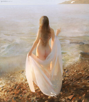 1girl ass beach brown_hair commentary completely_nude dated_commentary day facing_away from_behind full_body hand_up highres holding holding_shawl horizon index_finger_raised long_hair naked_shawl nude ocean original rock shawl shore sidelighting solo sunlight water wavy_hair white_shawl yizheng_ke