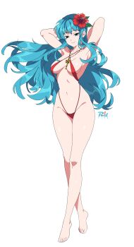 1girl absurdres alternate_costume armpits arms_behind_head arms_up artist_logo artist_name bare_arms bare_shoulders barefoot blue_eyes blue_hair breasts closed_mouth collarbone commentary commission criss-cross_halter crossed_ankles eirika_(fire_emblem) fire_emblem fire_emblem:_the_sacred_stones floating_hair flower full_body groin hair_flower hair_ornament halterneck highres jewelry logo long_hair looking_at_viewer medium_breasts navel necklace nintendo r3dfive red_flower red_slingshot_swimsuit sideboob simple_background slingshot_swimsuit smile solo standing stomach swimsuit thighs tiptoes transparent_background very_long_hair vgen_commission