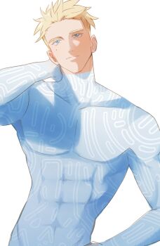 1boy arm_up blonde_hair blue_eyes bodysuit closed_mouth covered_abs covered_collarbone covered_navel covered_pectorals cowboy_shot hand_on_own_neck highres kookirani long_sleeves male_focus millions_knives pectorals short_hair simple_background solo trigun trigun_stampede white_background white_bodysuit