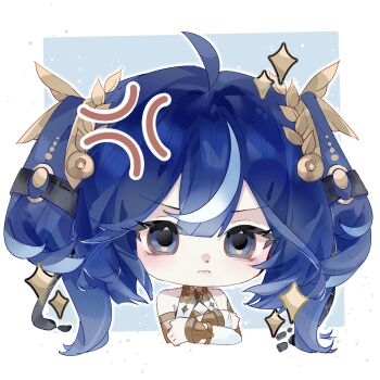 1girl ahoge ancient_greek_clothes anger_vein armlet bare_shoulders blue_eyes blue_hair blue_streaks chibi chinese_commentary closed_mouth commentary_request cropped_torso crossed_arms gold_bra greco-roman_clothes hair_belt hair_ornament highres iuno_(wuthering_waves) jewelry laurel_crown long_hair multicolored_hair pout solo sparkle streaked_hair twintails white_background wuthering_waves yun_sheng