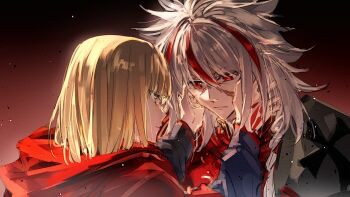 1boy 1girl alter_servant blonde_hair blue_eyes braid command_spell commentary_request fate/strange_fake fate_(series) glasses gradient_background hands_on_another's_cheeks hands_on_another's_face highres machikokom43502 medium_hair multicolored_hair red_background red_eyes red_streaks richard_i_(fate) sajou_ayaka_(fate/strange_fake) single_braid streaked_hair