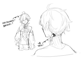 Rule 34 | braid, commentary, cowboy shot, english commentary, english text, greyscale, highres, holostars, holostars english, machina x flayon, monochrome, shokuen (oxstl), short hair, simple background, sketch, smile, virtual youtuber, white background