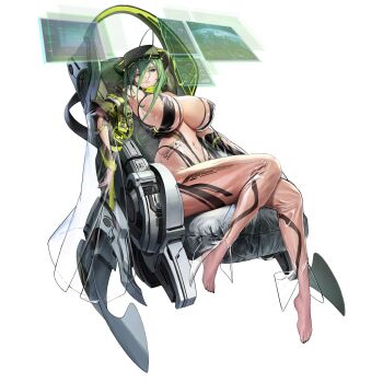 1girl ahoge barcode barefoot blue_eyes bodysuit bored breasts catsuit chair covered_erect_nipples english_text eyewear_on_head full_body green_hair green_nails hair_between_eyes head-mounted_display highres holographic_interface huge_ahoge huge_breasts knees_together_feet_apart last_origin lemonade_epsilon long_sidelocks nail_polish navel non-web_source official_art parted_lips ren._(ren.ko) see-through_bodysuit see-through_clothes short_hair sidelocks simple_background sitting skin_tight solo tachi-e teeth toenail_polish toenails transparent_background underboob unzipped very_long_sleeves