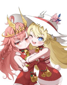 2girls absurdres bell blonde_hair blue_eyes braid breasts cheek-to-cheek closed_mouth commentary crossed_arms crown duet_night_abyss english_commentary frown hat heads_together highres hug lisbell_(duet_night_abyss) long_hair looking_at_viewer multiple_boys multiple_girls neck_bell one_eye_closed open_mouth pink_eyes pink_hair red_sweater revermam12 sideboob simple_background small_breasts smile standing sun_hat sweater thick_eyebrows truffle_(duet_night_abyss) virgin_killer_sweater white_background white_hat