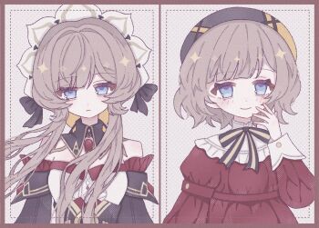 Rule 34 | 2girls, bib collar, black bow, black collar, black dress, black hat, black sleeves, blue eyes, bonnet, bow, bowtie, brown hair, closed mouth, collar, commentary, detached collar, detached sleeves, dress, gem, genshin impact, hand on own cheek, hand on own face, hat, highres, looking at viewer, mary-ann (genshin impact), multiple girls, red dress, red gem, sandrone (genshin impact), short hair, short hair with long locks, smile, two-tone bow, upper body, white headdress, yapc03, yellow bow