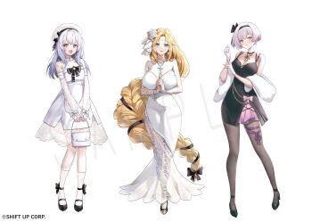 3girls bare_shoulders black_dress black_pantyhose black_shoes blonde_hair blue_eyes breasts cleavage closed_mouth colored_inner_hair commentary_request dress flower full_body gloves goddess_of_victory:_nikke grey_hair hair_flower hair_ornament highres kneehighs large_breasts liliweiss_(nikke) long_hair long_sleeves looking_at_viewer misyune multicolored_hair multiple_girls official_art open_mouth pantyhose pink_hair rapunzel_(nikke) rapunzel_(pure_grace)_(nikke) shoes short_hair simple_background smile snow_white_(innocent_days)_(nikke) snow_white_(nikke) socks standing very_long_hair white_background white_dress white_gloves white_socks yellow_eyes