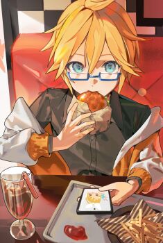 black_shirt blonde_hair blue-framed_eyewear blue_eyes burger drink drinking_straw eating food food_wrapper french_fries glasses heto highres holding holding_phone jacket kagamine_len ketchup looking_at_viewer phone shirt single_hair_streak vocaloid white_jacket