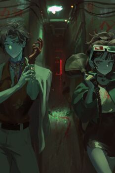 Rule 34 | 1boy, 1girl, 3d glasses, a su, against wall, an-an lee, black eyes, black skirt, chinese commentary, closed mouth, commentary request, eyewear on head, gloves, green jacket, green light, hallway, hand on own wrist, hands up, highres, holding, holding megaphone, jacket, jacket on shoulders, looking to the side, medium hair, megaphone, miniskirt, original, pants, pencil skirt, ponytail, red light, red shirt, reverse:1999, shirt, short hair, side-by-side, single glove, skirt, sunglasses, white jacket, white pants, white shirt, yellow eyes