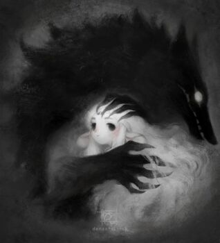 1girl animal_ears black_background black_eyes colored_skin commentary english_commentary fiyunae long_hair looking_at_viewer monster original sheep_ears sheep_girl very_long_hair white_hair white_skin wolf