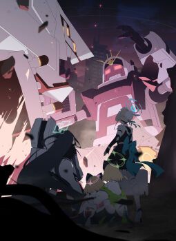 Rule 34 | 4girls, animal ear headphones, animal ears, aqua halo, aris (blue archive), avant garde (blue archive), black hair, blonde hair, blue archive, blue halo, building, chokmah (blue archive), fake animal ears, from behind, glowing, halo, headphones, highres, jacket, long hair, midori (blue archive), momoi (blue archive), multiple girls, night, ph., robot, toki (blue archive), very long hair, white jacket