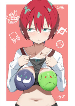 1girl 2026 amate_yuzuriha aqua_bow aqua_eyes averting_eyes between_breasts black_panties blush bodypaint border bow bow_panties breasts breasts_out closed_mouth clothes_lift commentary_request gundam gundam_gquuuuuux large_breasts long_sleeves looking_to_the_side navel nipples no_bra outside_border panties panties_on_breasts puffy_nipples red_background red_hair sasanon_(sasapoliton) short_hair solo sweater sweater_lift underwear upper_body v-shaped_eyebrows white_border white_sweater