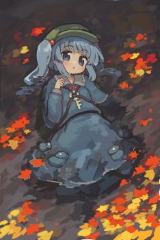 Rule 34 | 1girl, blue eyes, blue hair, blue shirt, blue skirt, blush, collared shirt, commentary request, flat cap, green hat, hair bobbles, hair ornament, hat, highres, kawashiro nitori, key, kibisake, long sleeves, looking at viewer, lying, lying on water, medium hair, on back, parted lips, shirt, skirt, solo, touhou, two side up, water