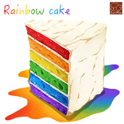 Rule 34 | artist logo, artist name, cake, cake slice, food, food focus, food name, highres, icing, no humans, original, rainbow cake, white background, yuki00yo