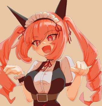 1girl :d akiha_rumiho belt_around_waist blush breasts commentary_request dress drill_hair fang large_breasts long_hair looking_at_viewer maid maid_headdress mayqueen_maid_uniform open_mouth paw_pose pink_eyes pink_hair puffy_short_sleeves puffy_sleeves ribbon-trimmed_collar ribbon-trimmed_corset ribbon-trimmed_hairband ribbon_trim sadarann science_adventure short_sleeves simple_background smile solo steins;gate twin_drills twintails underbust upper_body wrist_cuffs