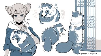 1girl animal animalization b1ue_e4rth cone_hair_bun double_bun fukurai_azami gloves hair_bun hashtag-only_commentary hood hood_down hoodie jasmine_(toshi_densetsu_kaitai_center) korean_text limited_palette looking_down multiple_views partially_fingerless_gloves short_hair simple_background sitting tanuki toshi_densetsu_kaitai_center translation_request trembling upper_body white_background