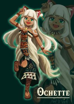 1girl absurdres animal_ear_fluff animal_ears commentary_request cosplay dress fuwarenren gladiator_sandals green_background green_eyes highres long_hair nintendo ochette_(octopath_traveler) octopath_traveler octopath_traveler_ii open_mouth princess_zelda princess_zelda_(cosplay) sandals smile solo the_legend_of_zelda the_legend_of_zelda:_tears_of_the_kingdom white_dress white_hair zoom_layer