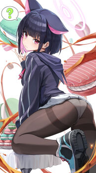 1girl :t ? absurdres animal_ears ass black_hair blue_archive blunt_bangs brown_pantyhose eating food food_on_face hair_ornament highres hood hoodie hutosutoro kazusa_(blue_archive) long_sleeves looking_at_viewer macaron panties panties_under_pantyhose pantyhose pleated_skirt shoes short_hair skirt sneakers solo spoken_question_mark standing standing_on_one_leg thighband_pantyhose underwear white_panties