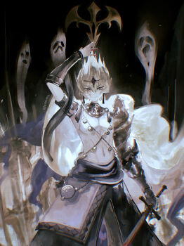 1boy absurdres arm_armor armor black_background black_pants black_sash blood blood_on_face blood_on_hands bloody_weapon cape cerakuro cowboy_shot facing_viewer ghost gold_armor grey_eyes hair_slicked_back hand_up highres holding holding_sword holding_weapon looking_at_viewer male_focus muted_color orange_hair outstretched_arm pants sash shoulder_armor solo spirit sword toned toned_male topless_male vector_(yu-gi-oh!) weapon white_cape yu-gi-oh! yu-gi-oh!_zexal