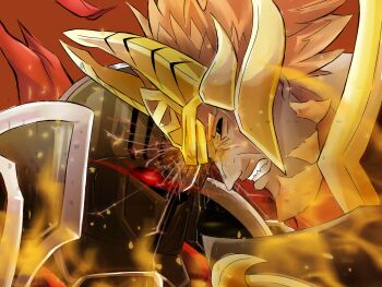 2boys armor beard black_knight_(fire_emblem) black_sclera colored_sclera commentary_request face-to-face facial_hair fire_emblem fire_emblem:_path_of_radiance fire_emblem_heroes glowing glowing_eye helmet highres male_focus multiple_boys nintendo orange_hair surtr_(fire_emblem) toorisugari_no_seiginomikata